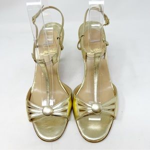CHRISTIAN LOUBOUTIN GOLD LEATHER TROCADERO T-STRAP SANDALS HEELS SZ 8.5